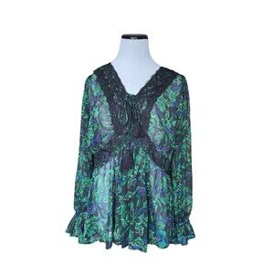 Torrid Babydoll Peplum Top Size L Sheer Floral Lace-Up Witchy Whimsy Goth Fairy‎